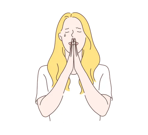 Orando Pedindo Ajuda A Deus Jovem Com As Maos Postas E Os Olhos Fechados Chorando Pedindo Perdao Arrependida Arrependida Mulher Religiosa Encolhendo Se Vetor Plano Simples Ilustração