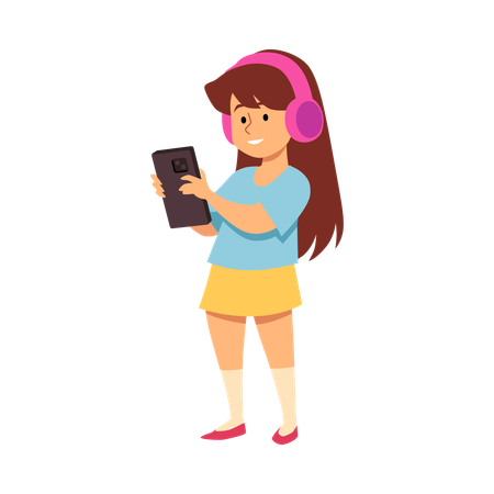 Menina ouvindo música com fone de ouvido  Ilustração