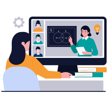 Menina participando de aula virtual de matemática  Ilustração