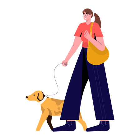 Menina andando com animal de estimação  Ilustração