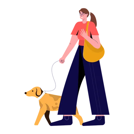 Menina andando com animal de estimação  Ilustração