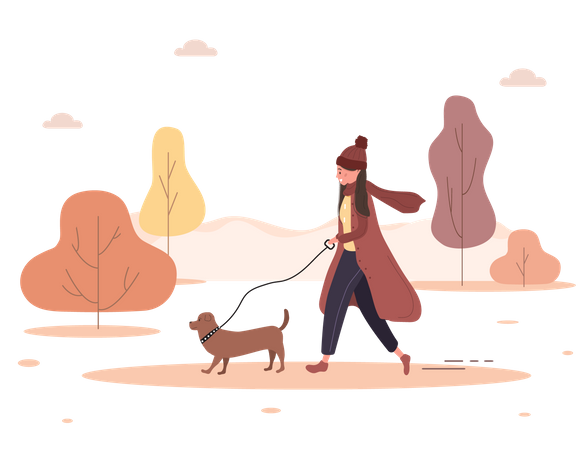 Menina andando com cachorro  Ilustração