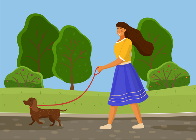 Menina andando com cachorro  Ilustração