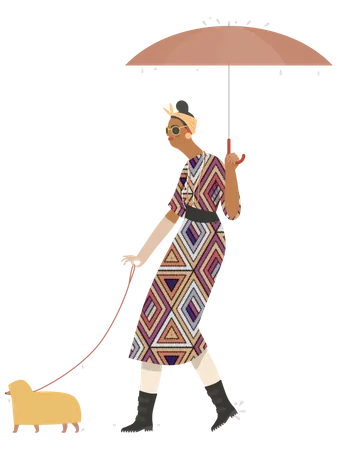 Menina andando com cachorro na chuva  Ilustração