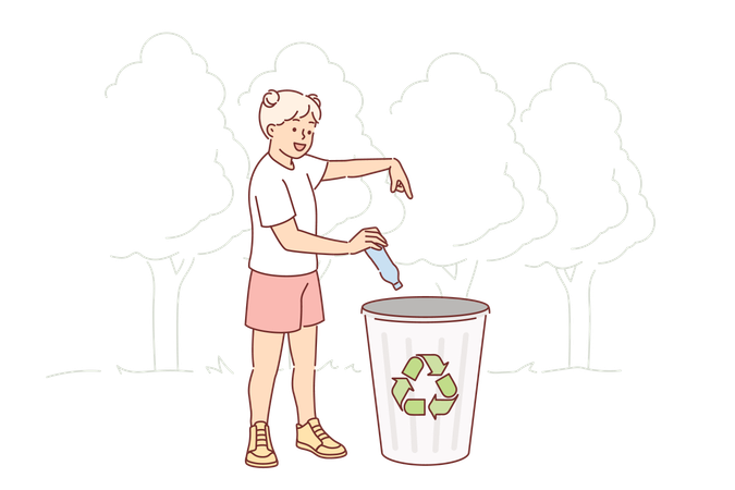 Menina pede reciclagem de plástico jogando garrafa em lixeira com símbolo especial  Ilustração