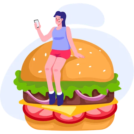 Garota pedindo hambúrguer na loja online  Ilustração