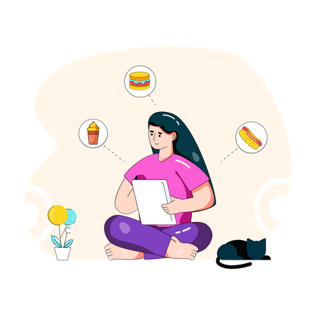 Garota pedindo refeição on-line  Ilustração