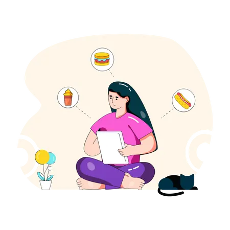 Garota pedindo refeição on-line  Ilustração