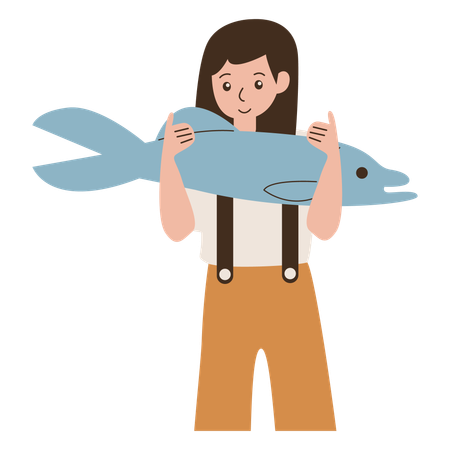 Garota pega peixe grande  Ilustração