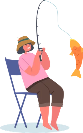 Menina pegando peixe usando vara de pescar  Ilustração