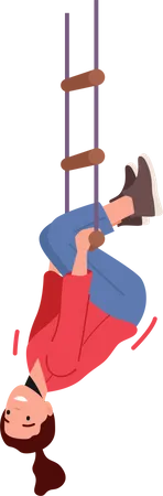 Menina pendurada de cabeça para baixo em uma escada de corda  Ilustração