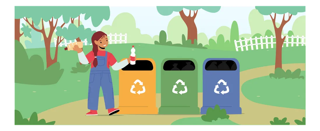 Personagem de menina joga lixo em recipientes de lixo  Ilustração