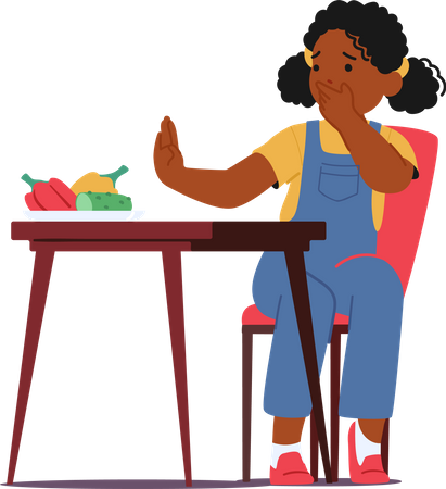 Personagem de menina na mesa rejeita obstinadamente vegetais  Ilustração