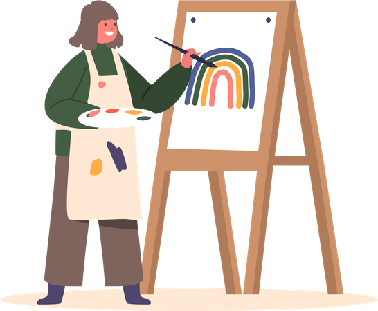 Menina pintando arco-íris com tintas no cavalete  Ilustração