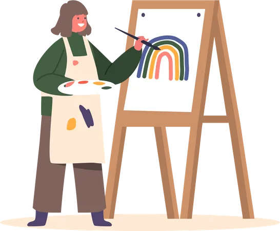 Menina pintando arco-íris com tintas no cavalete  Ilustração