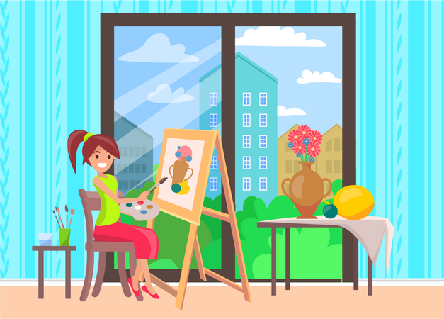 Menina pintando em uma tela  Ilustração
