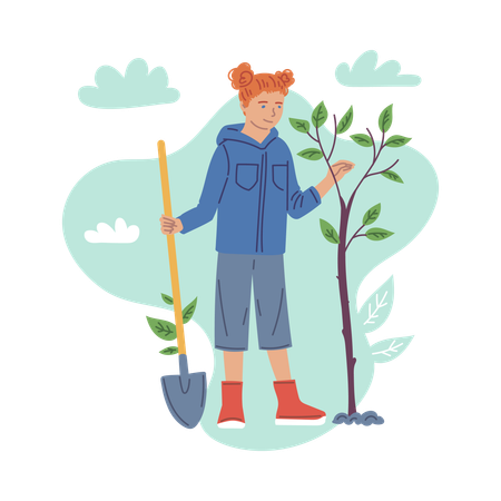 Menina planta árvore como voluntária ecologista  Ilustração
