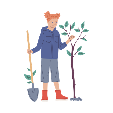 Menina plantando árvore  Ilustração