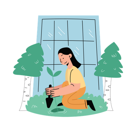 Menina plantando árvore  Ilustração