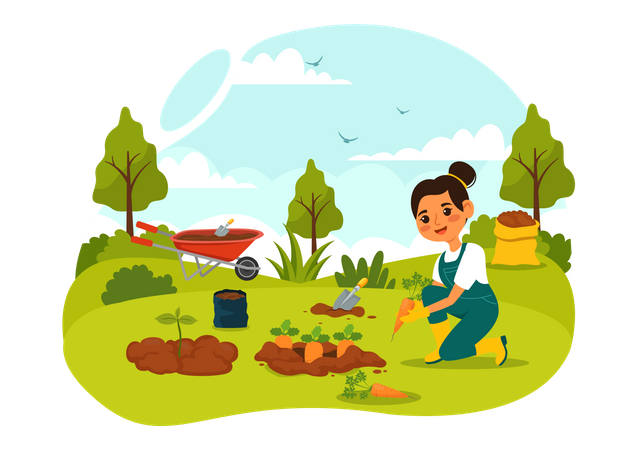 Menina plantando árvore na fazenda  Ilustração