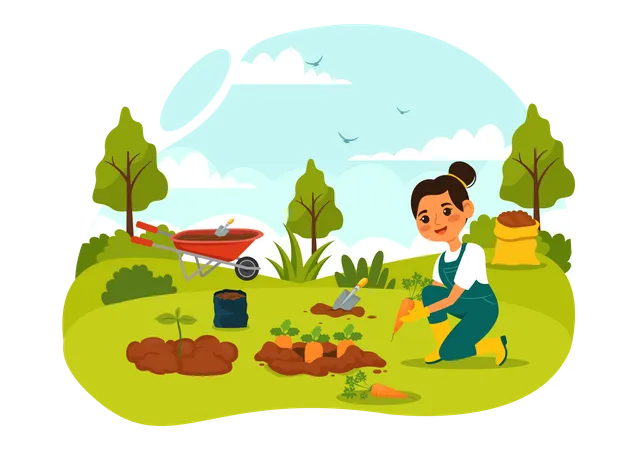 Menina plantando árvore na fazenda  Ilustração