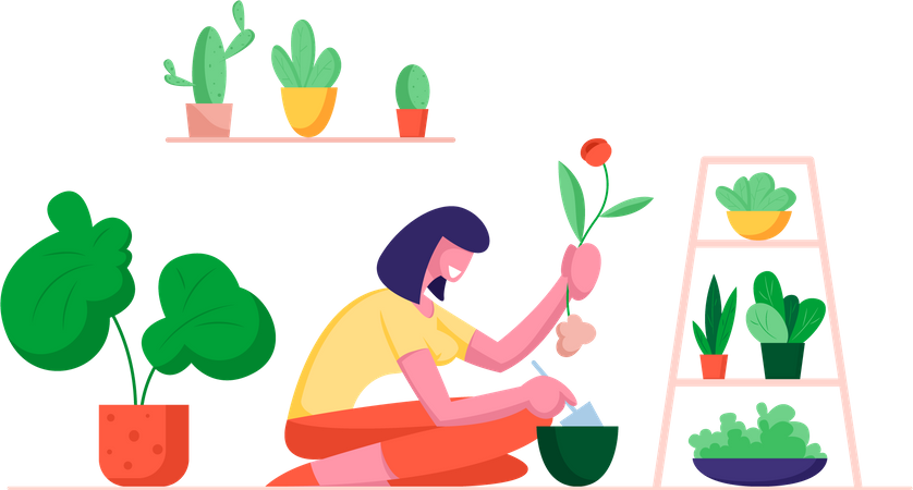 Menina plantando flores e curtindo jardinagem  Ilustração