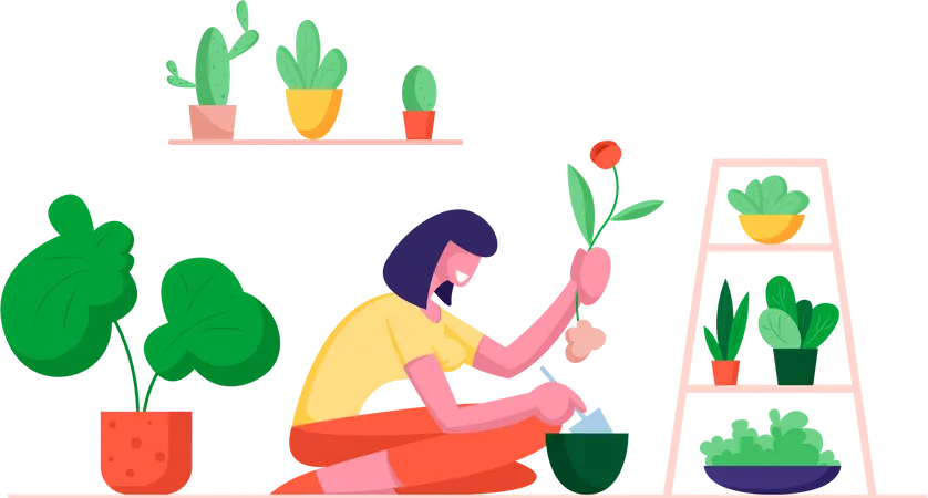 Mulher Botanica Segurando Pa Escavando Planta Domestica Replantando Para Outro Vaso Hobby De Jardinagem Personagem Feminina Cuidando De Flores Domesticas Em Estufas Ou Em Casa Ilustra O Vetorial Plana De Desenho Animado Ilustração