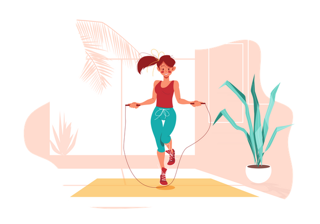 Menina pulando corda no quarto  Ilustração