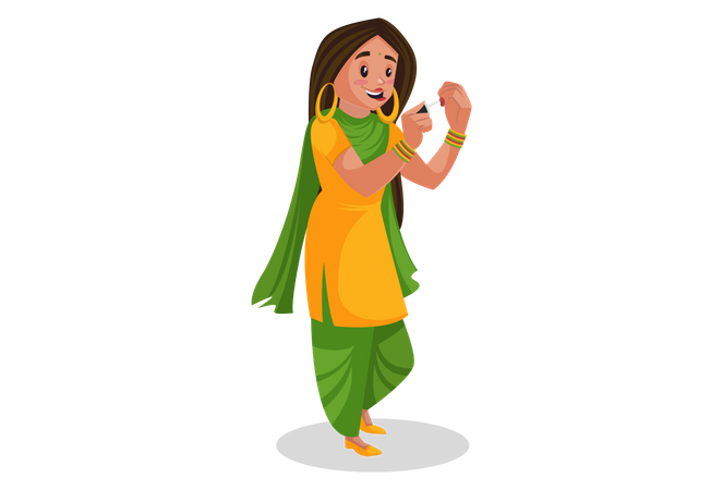Garota Punjabi aplicando tinta para unhas  Ilustração