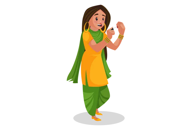 Garota Punjabi aplicando tinta para unhas  Ilustração