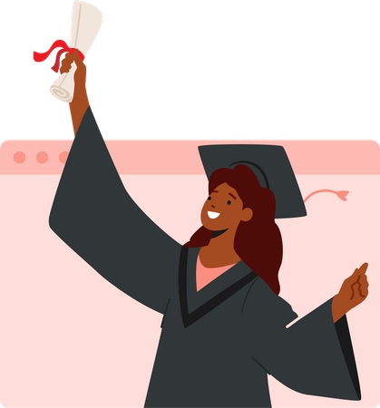 Garota com diploma de graduação e comemora a formatura virtualmente  Ilustração