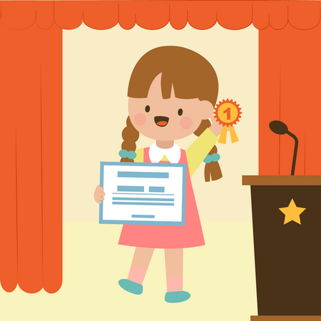 Menina recebe certificado e discurso no pódio  Ilustração