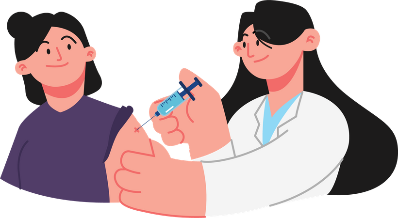 Menina recebe injeção de vacina do médico  Ilustração