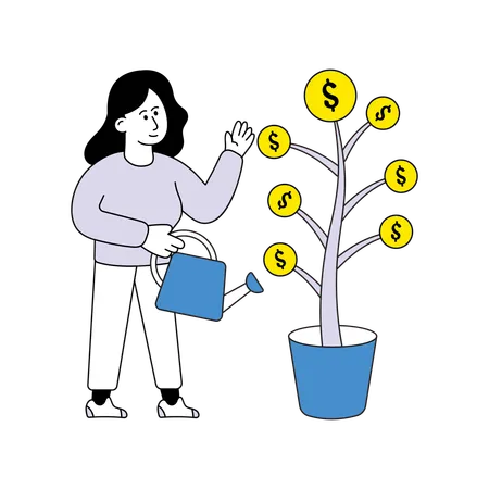 Menina regando a planta de investimento  Ilustração