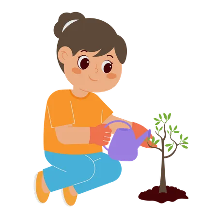 Menina regando planta  Ilustração