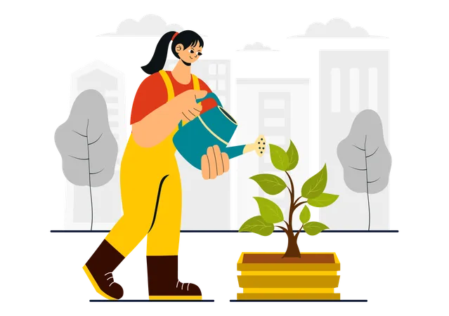 Menina regando planta  Ilustração