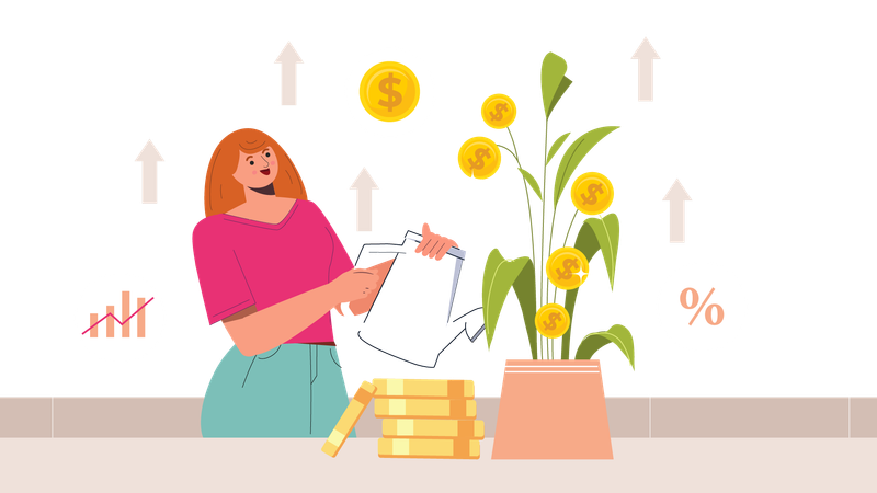 Menina regando planta de dólar  Ilustração