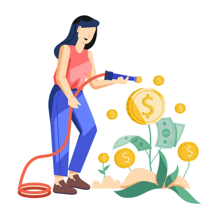 Menina regando planta de dólar  Ilustração