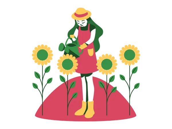 Menina regando flores  Ilustração