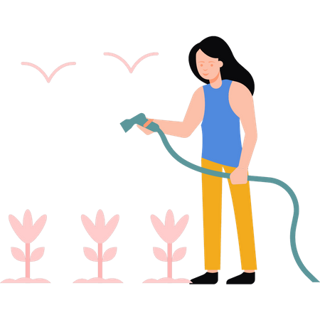 Menina regando plantas com cano  Ilustração