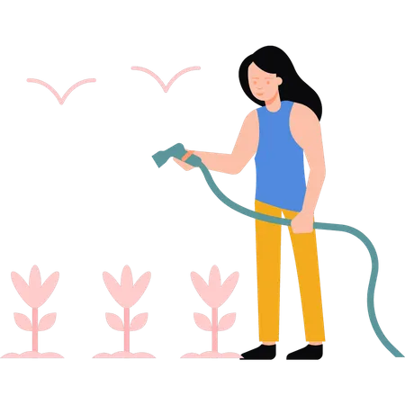 Menina regando plantas com cano  Ilustração