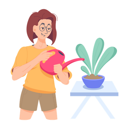 Menina regando planta em casa  Ilustração