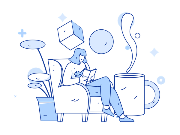 Menina relaxando com café enquanto lê um livro  Ilustração