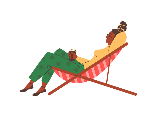 Menina relaxando em cadeira de praia vintage em estilo retrô  Ilustração