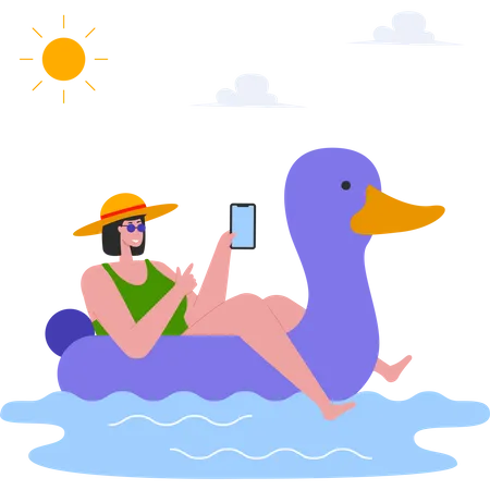 Garota relaxando no anel de pato de borracha de natação  Ilustração