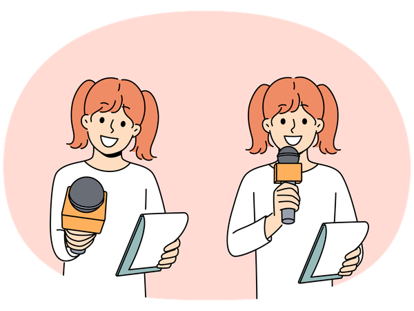 Menina repórter com microfone sorrindo participando de filmagem de programa educacional de TV  Ilustração