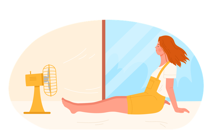 Menina esfriando no ventilador elétrico soprando  Illustration