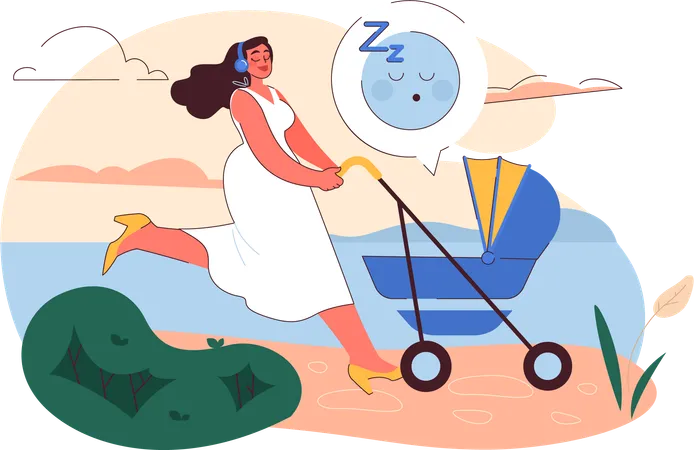 Menina saindo com carrinho de bebê  Ilustração