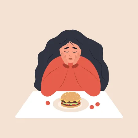 Menina se sentindo preocupada antes de comer comida  Ilustração