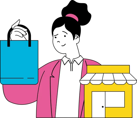 Menina segurando a sacola enquanto faz compras on-line  Ilustração